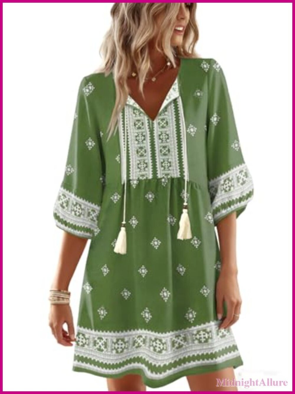 Womens Boho Floral Maxi Sun Dress Flowy V-Neck 3/4 Sleeve Casual